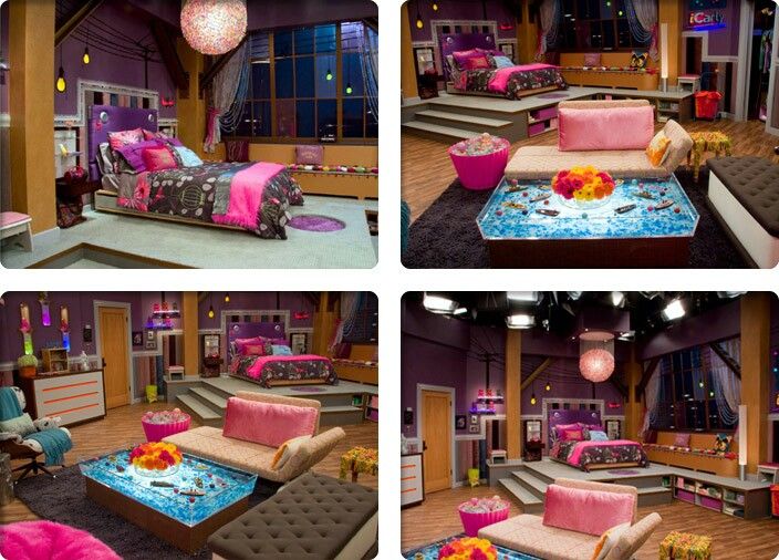 the big brother house is decorated with pink and blue furniture, including two couches