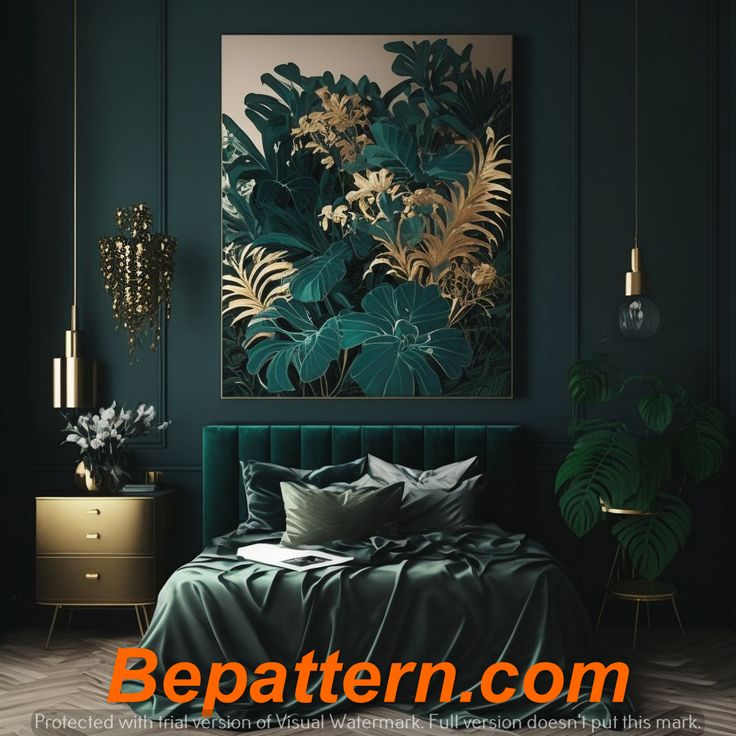 a bedroom with dark green walls, gold accents and an art work on the wall