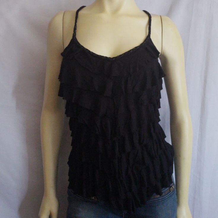 New With Tags 100% Rayon Casual Black Cami Top, Black Cami Top For Spring, Casual Black Camisole Top, Black Ruffled Tops For Summer, Black Ruffle Camisole Top, Black Ruffled Camisole Top, Black Ruffle Cami Top, Black Ruffled Cami Top, Black Spaghetti Strap Top For Spring