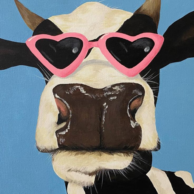 a painting of a cow wearing heart shaped glasses