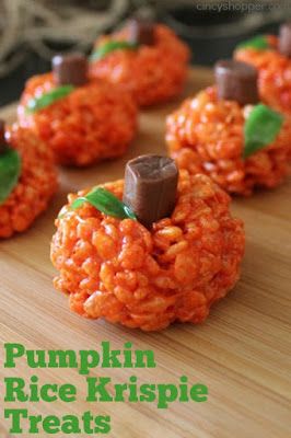 pumpkin rice krispie treats on a cutting board with the words, pumpkin rice krispies treats