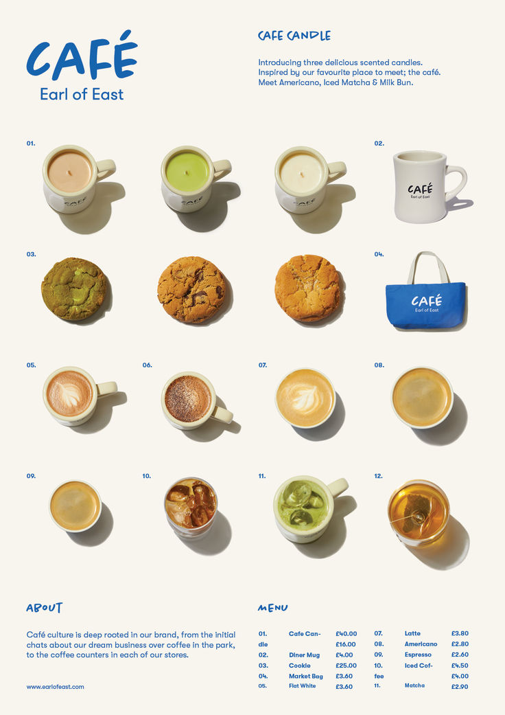 an advertisement for cafe with different types of coffees and cookies on it's side