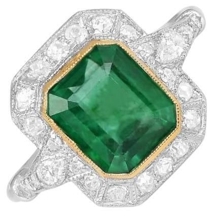 This ring features a 2.26-carat emerald-cut natural emerald, bezel-set in 18k yellow gold, surrounded by a halo of old European cut diamonds. Each shoulder is accented with a pear-shaped diamond and three additional diamonds, totaling 0.40 carats. Handcrafted in platinum. Ring Size: 6.5 US, Resizable Metal: Platinum, Gold, Yellow Gold Stone: Diamond, Emerald Stone Cut: Emerald Cut Style: Art Deco Total Weight: 4.19 grams Width Of Band: 1.44mm Cremation Jewelry Ring, Emerald Engagement Ring Green, Halo Art, Engagement Ring Halo, Handcrafted Engagement Ring, Antique Engagement Ring, Celtic Wedding Rings, Platinum Diamond Rings, Emerald Diamond Ring