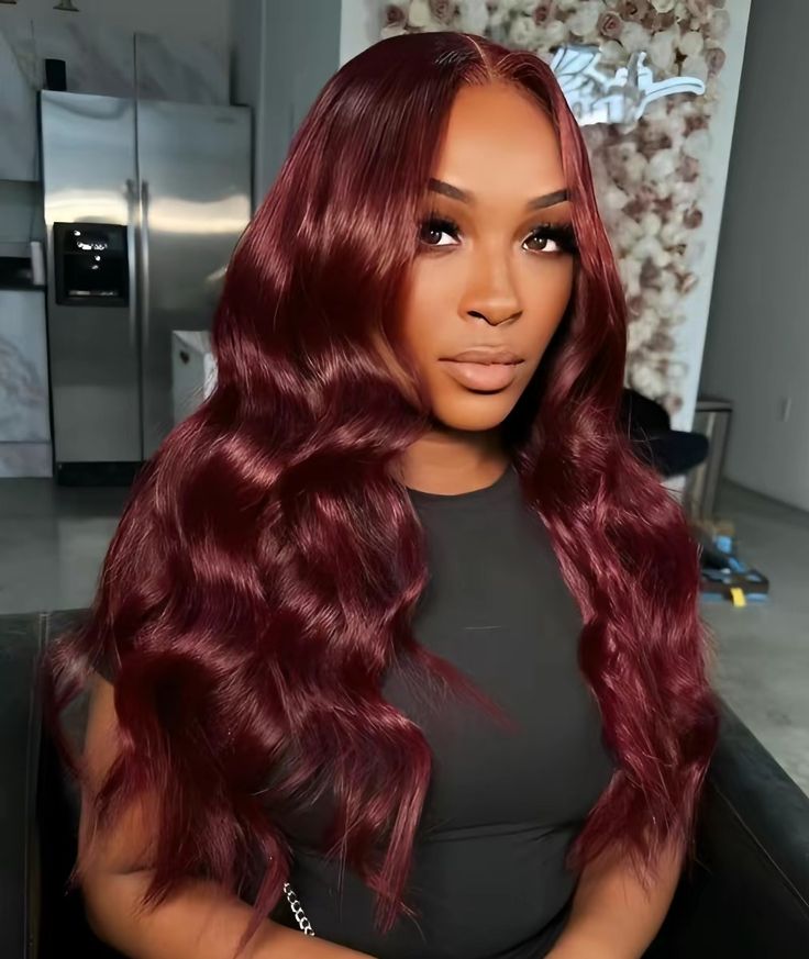 Red Hair Beach Waves, Beach Waves On Wig, Beach Wave Wigs For Black Women, Beach Wave Sew In Hair Weaves, Beach Waves Hair Black Women, Red Hair Weave Black Women, Burgundy Closure Sew In, Red Closure Sew In, Wine Red Hair Color For Black Women