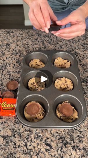 Chocolate Chip Cookies With Reese Pieces, Chocolate Chip Cookie Dough With Peanut Butter Cups, What To Make With Cookie Dough, Reese's Desserts, Chocolate Chip Cookies In Muffin Tin, Peanut Butter Cup Stuffed Brookies, Cookie Dough Muffins, Brownie Reese Cups, Desserts With Reeses Peanut Butter Cups