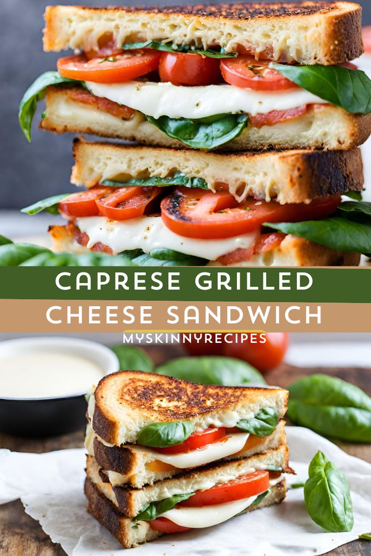 grilled cheese sandwich stacked on top of each other with spinach leaves and tomatoes