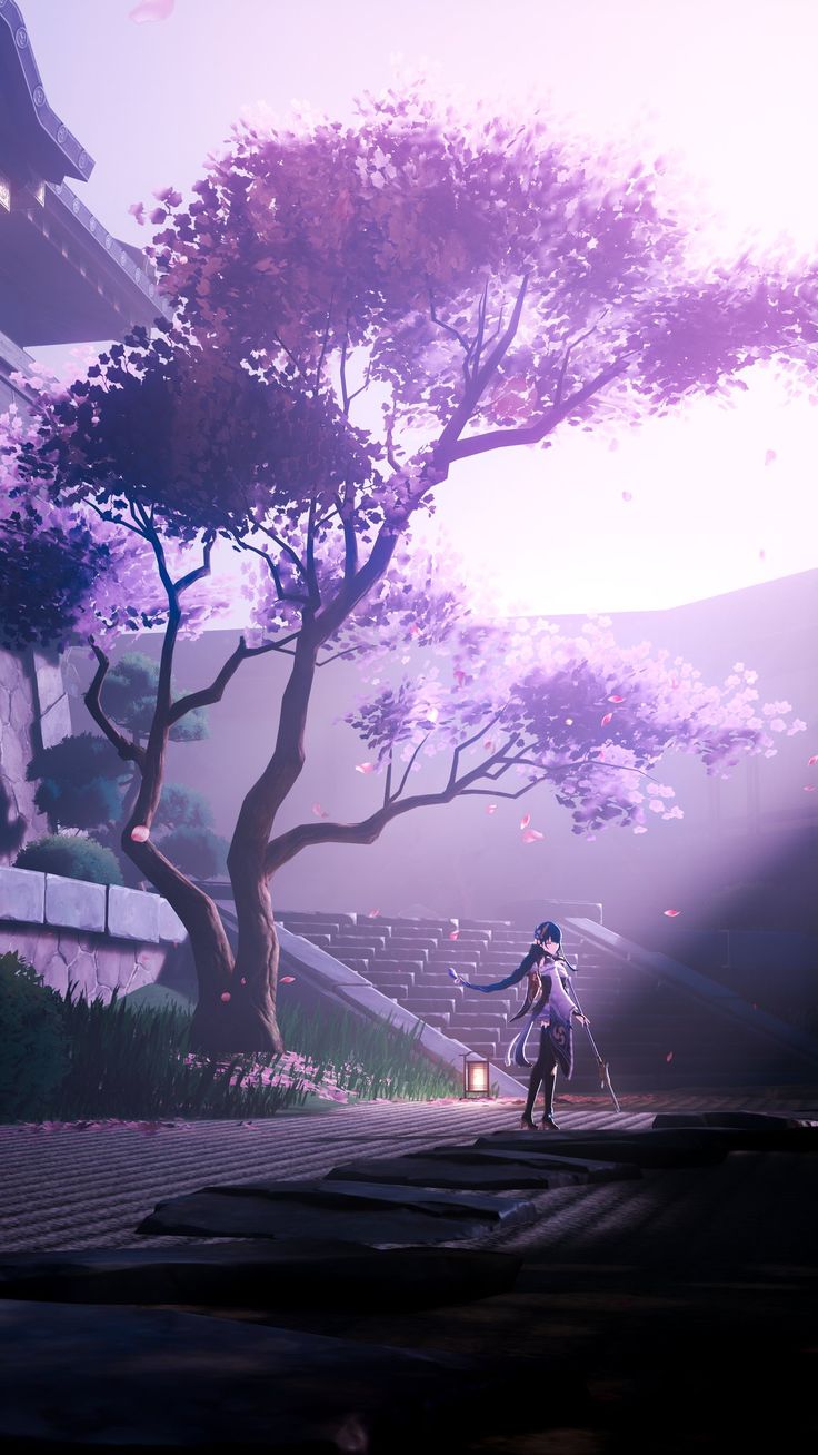 a person standing in front of a tree with purple flowers on it and the sun behind them