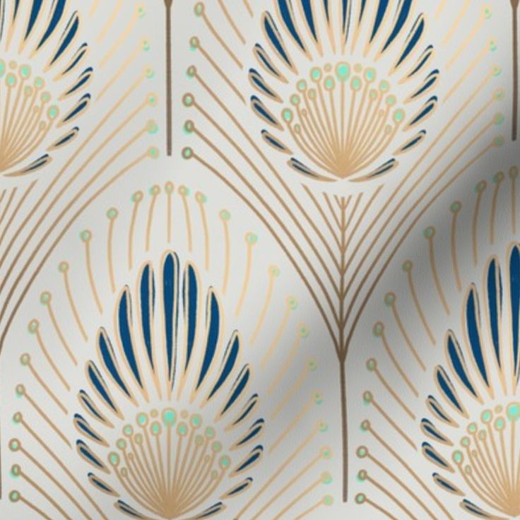 an art deco style wallpaper with gold and blue designs on white background, featuring peacock feathers