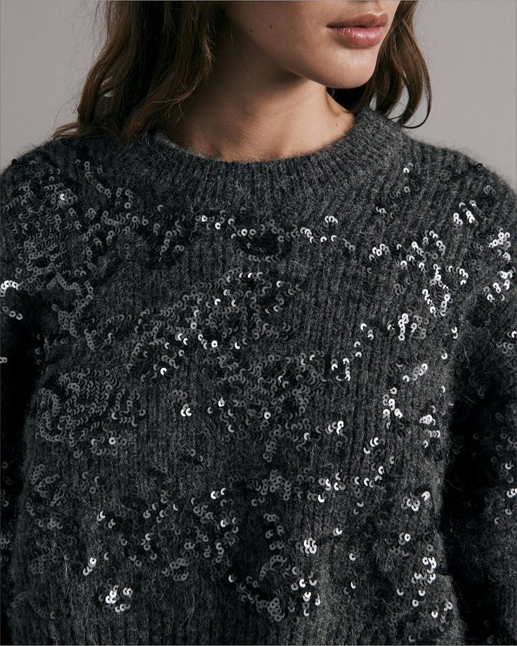 Liza Sequin Sweater - Dark Grey | rag & bone Sequin Crew Neck Sweater, Winter Night Out Sweater With Sequins, Sequined Sweater For Night Out In Winter, Winter Night Out Sequin Sweater, Glamorous Sweater For Night Out, Fall Party Sweater With Sequins, Fall Sweater With Sequins, Winter Contrast Sequin Tops, Winter Tops With Contrast Sequin