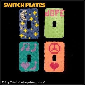 four pieces of beaded fabric with the words switch plates written in different colors and designs