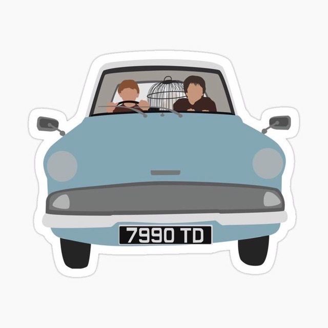 two people in a blue car with a birdcage on the roof sticker