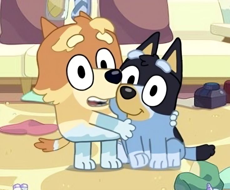 two cartoon dogs are hugging each other in the middle of a room with toys on the floor