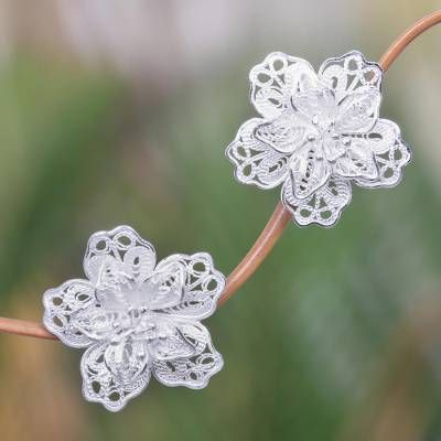 Sterling silver button earrings, 'Filigree Magnolia' - Sterling Silver Filigree Earrings Crafted by Hand in Bali Earrings Novica, Sterling Silver Flower Earrings, Diamond Shape Earrings, Silver Flower Earrings, Filigree Jewelry, Printed Jewelry, Filigree Earrings, Stud Jewelry, Sterling Silver Filigree