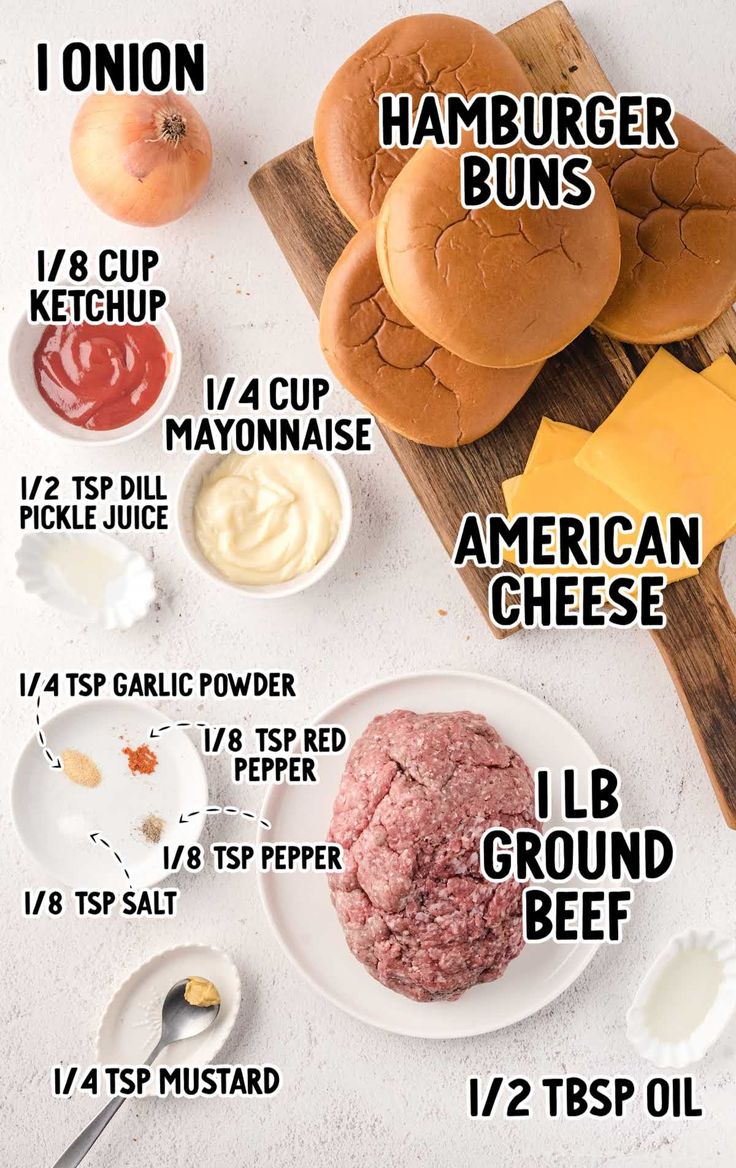 the ingredients to make hamburger burgers on a cutting board