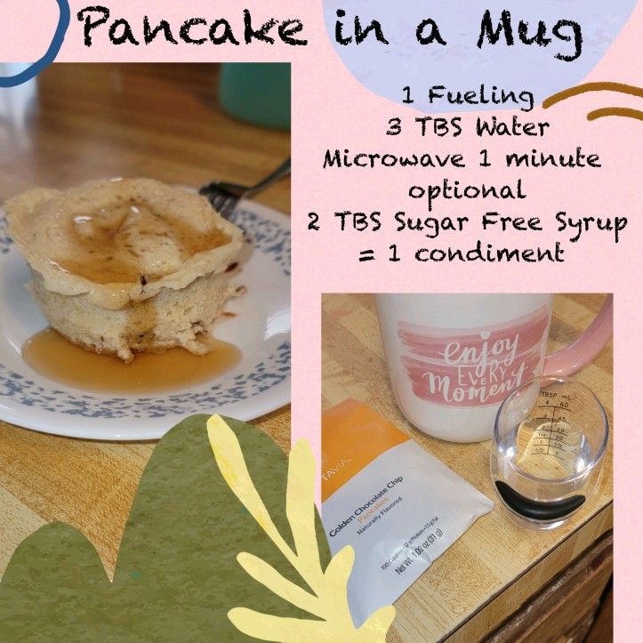 there is a collage of pictures with pancakes in a mug and coffee on the table