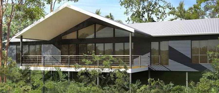 an artist's rendering of a modern house in the woods with trees around it