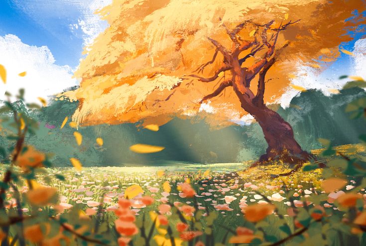 an artistic painting of a tree in the middle of a field with flowers on it