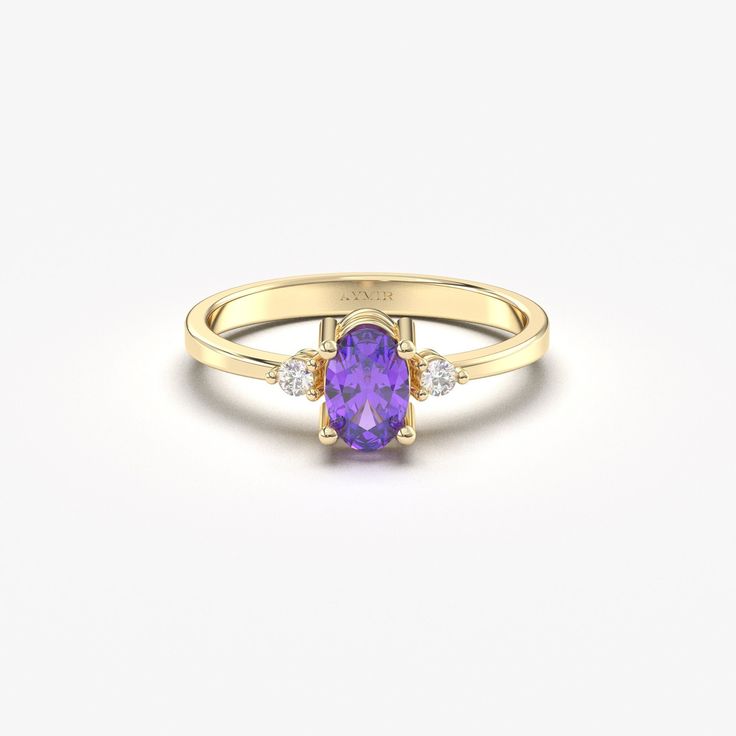 💎This stunning Amethyst Unique Diamond Ring is a true statement piece! Handcrafted with a beautiful Purple Amethyst Gemstone set in 14k Solid Gold, this ring is sure to turn heads. The exquisite design features a Modern twist on a classic style, making it the perfect gift for a February birthday or any special occasion. Treat yourself or a loved one to this luxurious and timeless piece that will be cherished for years to come. 💎 F E A T U R E S ▸ Made to Order ▸ Custom Gold Color: Yellow Gold, Rose Gold, White Gold ▸ Band Width: 1.60mm / 0.07in ▸ Material: Solid Real Gold (not gold-filled or no gold plated) ▸ Gold Carat: 8K-333, 10K-417, 14K-585 or 18K-750 ▸ Diamond : Natural Round Cut 1.30mmx2 pcs / 1.75mmx2 pcs ▸ Diamond Carat: 0.05 Ctw. ▸ Diamond Color and Clarity: F - SI ▸ All Diamon Purple Diamond Ring In 14k Gold, Purple Gemstone Diamond Ring In 14k Gold, Lavender Amethyst Ring In 14k Gold For Anniversary, Heirloom 14k Gold Amethyst Ring With Accent Stones, Fine Jewelry Purple Diamond Ring With Gemstone Accents, Purple Diamond Ring With Gemstone Accents, Purple 14k Gold Jewelry With Accent Stones, 14k Gold Purple Amethyst Ring, Oval Tanzanite Birthstone Ring With Accent Stones