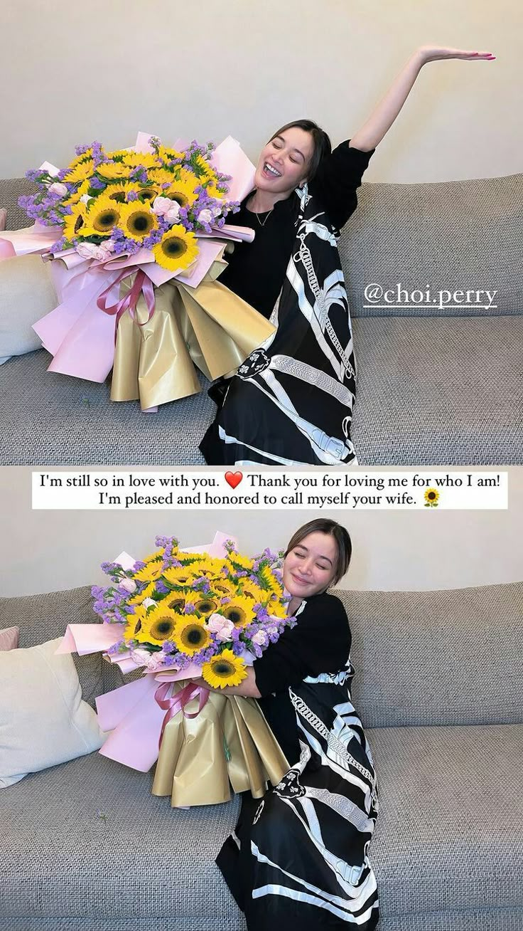 a woman holding a bouquet of sunflowers on top of a couch with her arms in the air