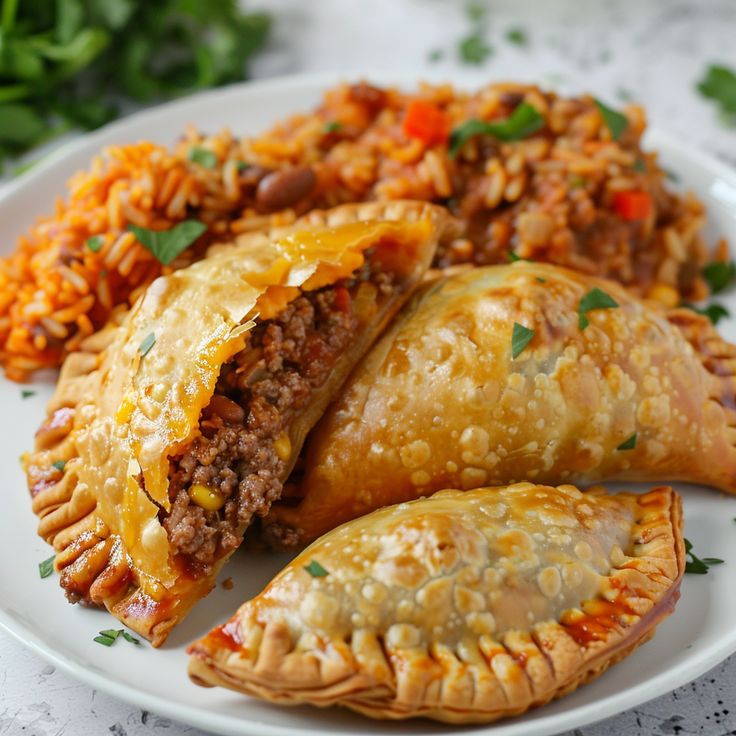 three pastries on a plate with rice and vegetables