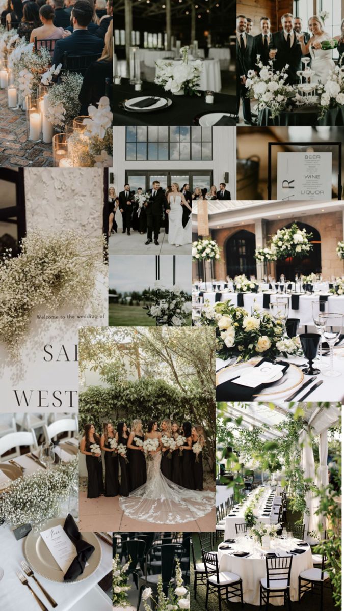 a collage of wedding photos with white flowers and greenery on the top, bottom left