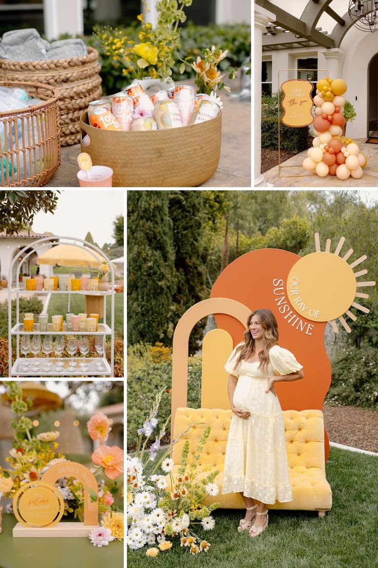 a woman standing in front of a yellow and orange display with lots of food on it