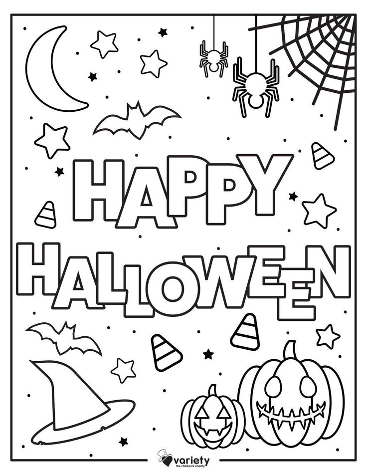 happy halloween coloring page with pumpkins, bats and spider web on the bottom right corner