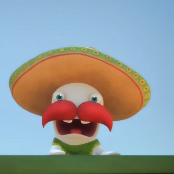 a cartoon character wearing a sombrero on top of a green field with blue sky in the background