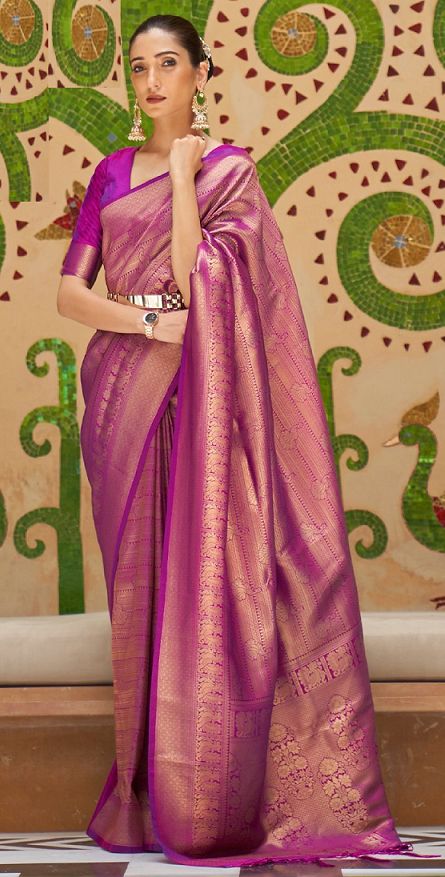 ROYAL GOLDEN PURPLE KANJIVARAM SILK 198005  Desc:      Kanjivaram SareesKanjivaram sarees are woven from mulberry silk thread and the Zari of south India the speciality of this saree is  that there is a stunning golden lustre of the zari threads which looks absolutely stunning. The medieval Indian literatures associated kanjivaram fabrics with gods.. With Express Free Shipping and Custom Stitching, Buy Indian Party wedding wear Kanchipuram Silk Saree ROYAL GOLDEN PURPLE KANJIVARAM SILK 198005 on Glamorous Saree, Kanjivaram Sarees Silk, Purple Saree, Handloom Fabric, Casual Saree, Art Silk Sarees, Ethnic Outfits, Kanjivaram Sarees, Kanchipuram Saree