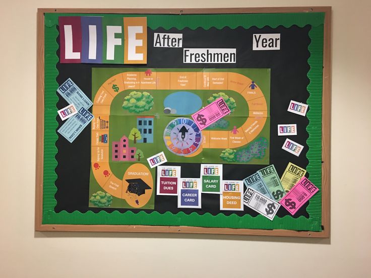 a board game is displayed on the wall in front of a sign that says life after freshment