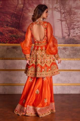 Shop for Aman Takyar Orange Dupion Silk Anarkali And Sharara Set for Women Online at Aza Fashions Rust Anarkali, Cotton Suit Designs, Embroidery Mirror Work, Rust Fabric, Embroidered Sharara, Silk Anarkali, Mehendi Outfits, Luxury Pret, Latest Bridal Dresses