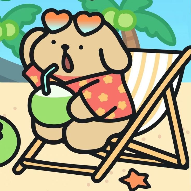 a drawing of a dog sitting on a beach chair with a drink in it's hand