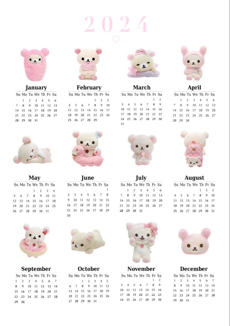 a calendar with teddy bears on it and the date for each month in white lettering