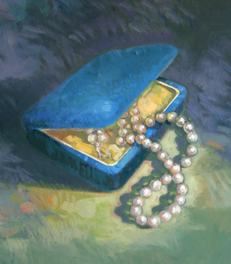 a painting of a blue box with pearls in it and a chain on the ground