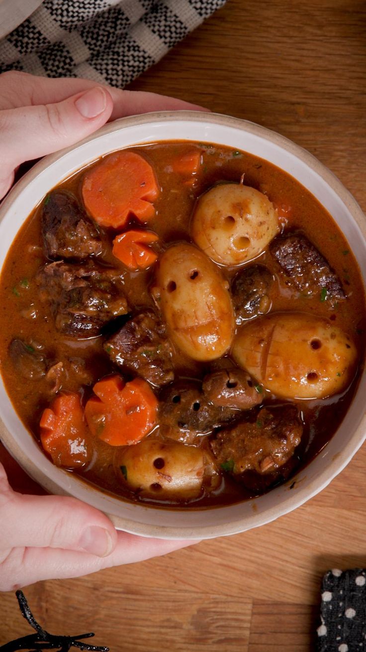 two hands holding a bowl of stew with potatoes and carrots