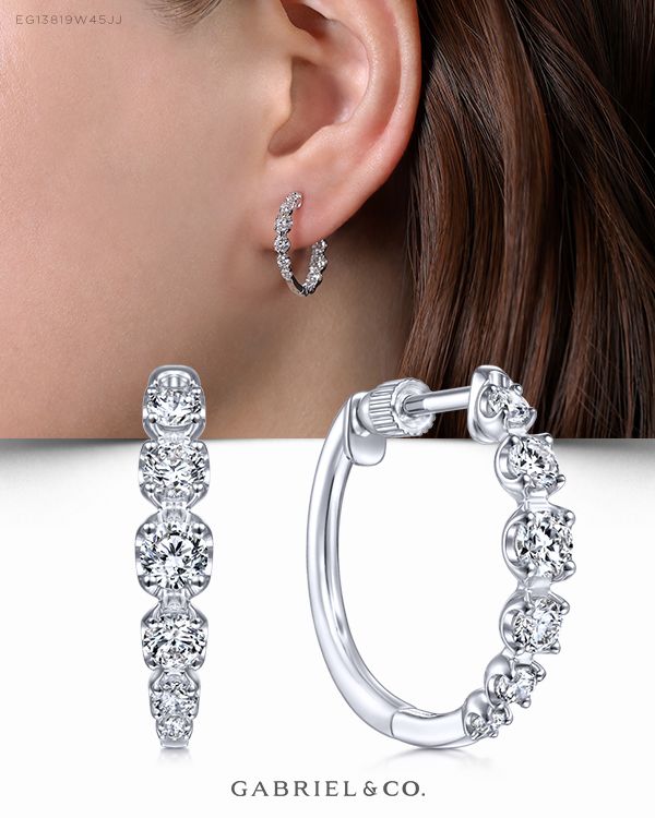 14K White Gold Fashion Earrings EG13819W45JJ #GabrielNY#DiamondJewelry#FineJewelry #GabrielAndCo#UniqueJewelry #DiamondJewelry#Jewelry #FineJewelry#FashionJewelry#UniqueJewelry#GiftIdeas#UniqueGifts  #DiamondEarrings#GoldEarrings#WhiteGoldEarrings#GoldFashionEarrings#WhiteGoldFashionEarrings Luxury Classic Hoop Earrings With Single Cut Diamonds, Luxury Diamond Hoop Earrings For Engagement, Luxury Small Hoop Diamond Earrings In Fine Jewelry Style, Luxury 17 Jewels Hoop Earrings For Anniversary, Luxury Hoop Earrings With Single Diamond For Formal Occasions, Luxury Round Diamond Earrings For Celebration, Luxury Hoop Jewelry With Single Cut Diamonds, Luxury White Gold Hoop Earrings For Anniversary, Luxury Hoop Earrings For Women's Engagement