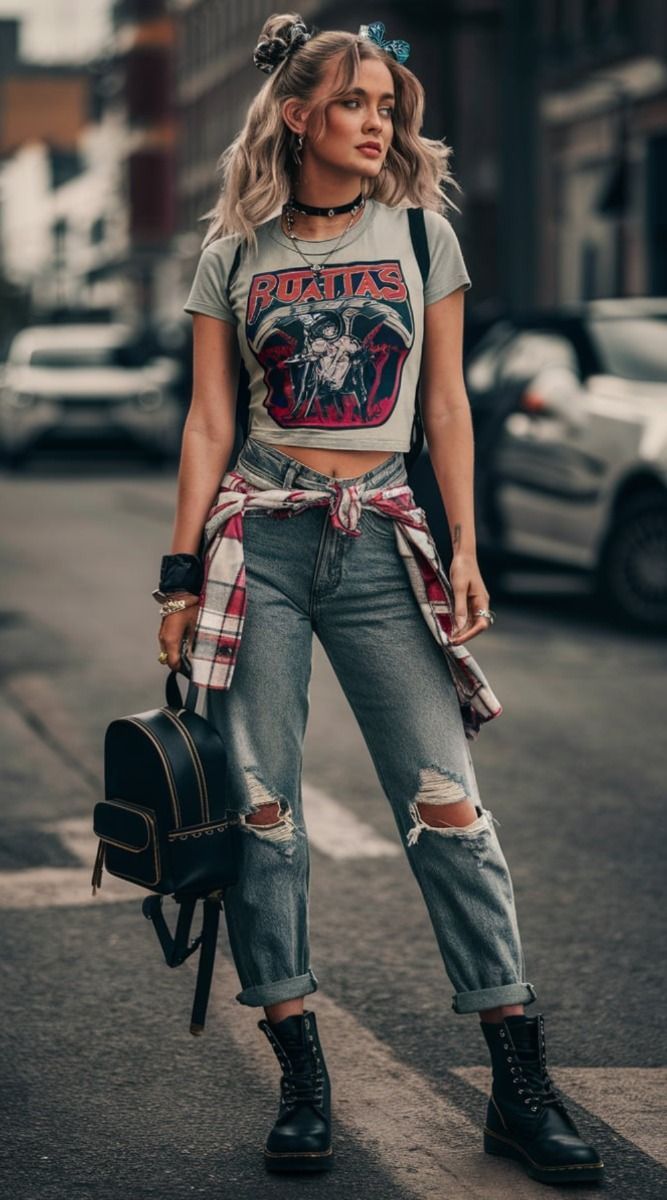 Outfit Idea Photoshoot, Band Shirt And Flannel Outfit, Fashion Punk Chic, Grunge Woman Outfits, 90s Combat Boots Outfit, Folk Grunge Outfit, Womens Grunge Outfits, Grunge Look Outfits, Hipster Outfits Aesthetic