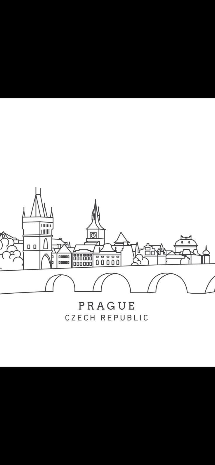 prague, czech skyline in black and white with the name prague on it's side