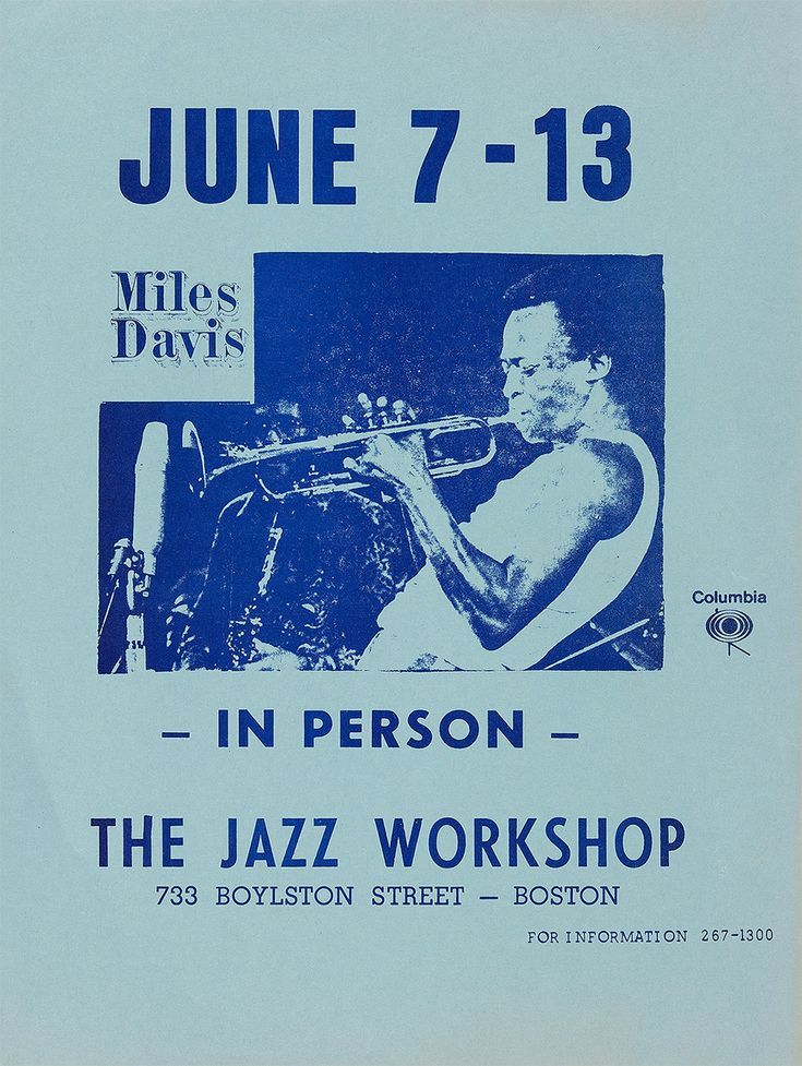 an advertisement for the jazz workshop featuring miles davis and in person, from june 7 - 13