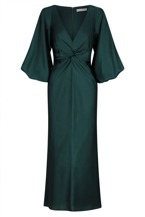 Luxe Balloon Sleeve Knot Front Midi Dress | Emerald | Dresses | Shona Joy – Shona Joy International Green Midi Dress With Draped Sleeves, Green Evening Dresses With Pleated Sleeves, Chic Green Maxi Dress With Gathered Sleeves, Elegant Dresses With Blouson Sleeves For Night Out, Puff Sleeve Maxi Dress With Gathered Sleeves For Party, Party Puff Sleeve Maxi Dress With Gathered Sleeves, Green Midi Dress With Gathered Sleeves For Party, Chic Green Midi Dress With Draped Sleeves, Green Dresses With Gathered Balloon Sleeves