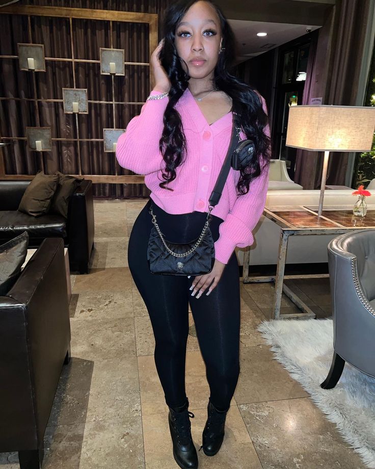 Night out Pink outfit Black Girls Valentines Day Outfits, Barbie Day Outfit, Black And Pink Outfit Black Women, Valentine's Day Outfit Black Women, Pink Sweater Outfit Black Women, Outfit Ideas Valentines Day, Pink And Black Outfit Black Women, Cute Pink Outfits Black Women, Light Pink And Black Outfit