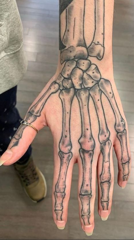 a person's hand with a skeleton tattoo on it