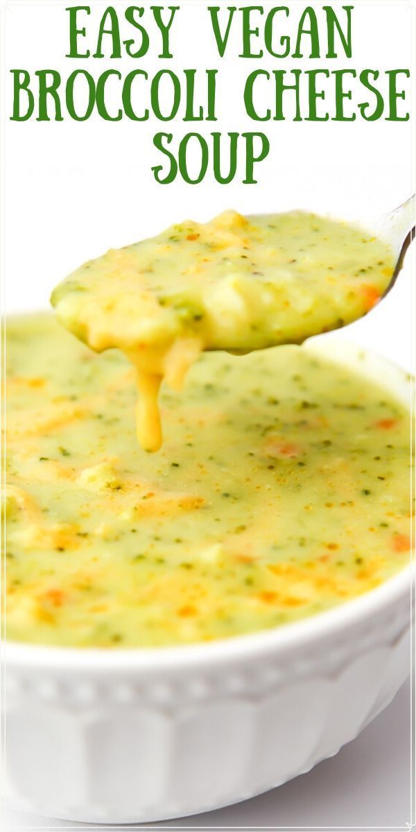 a spoon full of broccoli cheese soup with the text easy vegan broccoli cheese soup