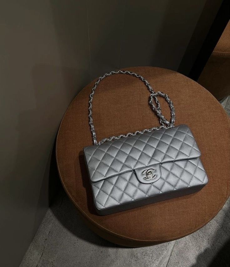 Chanel Metallic Silver Bag, Chanel Silver Bag, Silver Chanel Bag, Silver Aesthetic, Chanel Classic Flap Bag, Expensive Bag, Dream Bags, Inspired Handbags, Luxury Bags Collection