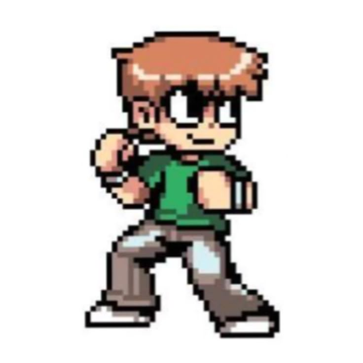 an old school pixel art style character with a green shirt and grey pants, holding a baseball