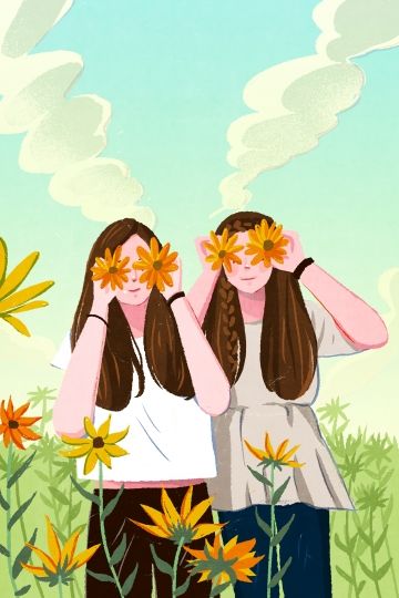 two girls standing in a field with sunflowers covering their eyes and looking at the sky