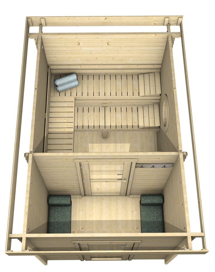 an open wooden box with two beds inside