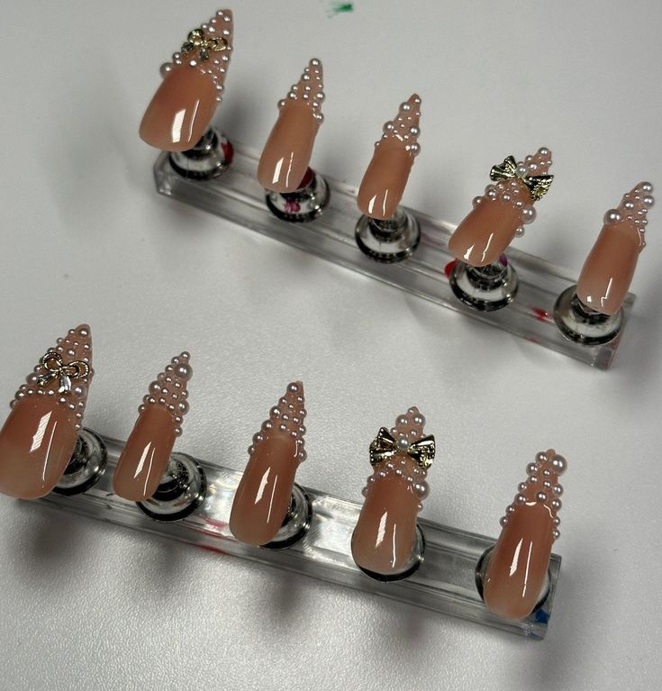 Custom made pearls and charms nail set Acrylic Press On Nails, Beauty Make-up, Nail Length, Oct 1, Nail Sizes, Press On Nails, Acrylic Nails, Beauty Makeup, Custom Made