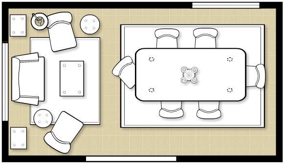 a drawing of a living room and dining area with furniture on the floor, including a table