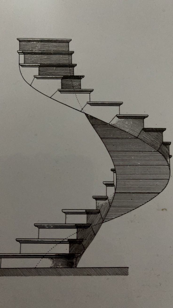 a drawing of a spiral staircase in black and white